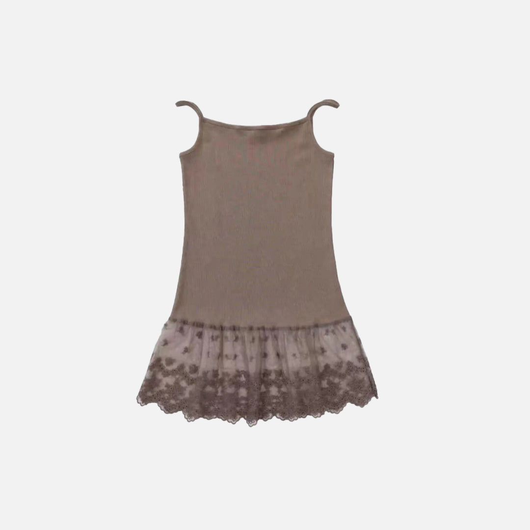 Front view of the khaki Lace Hem Slip Dress in a gray background