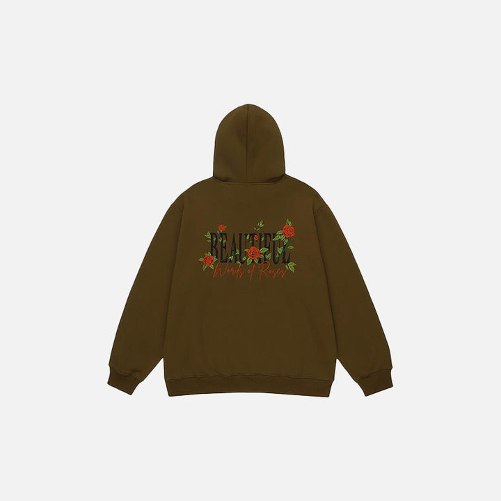 Back view of the curry Beautiful Rose Loose Hoodie in a gray background 