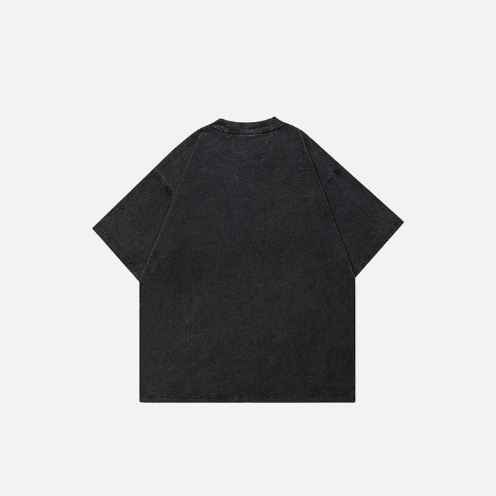 Back view of the black Washed Puzzle Face Printed T-shirt in a gray background 