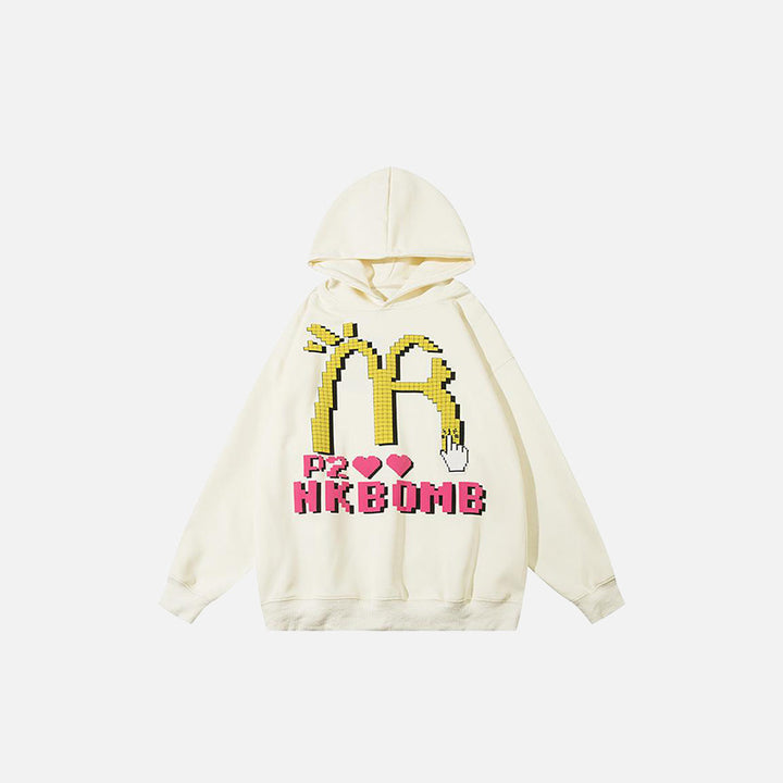 Front view of the beige Y2K Mister Bomb Hoodie in a gray background 
