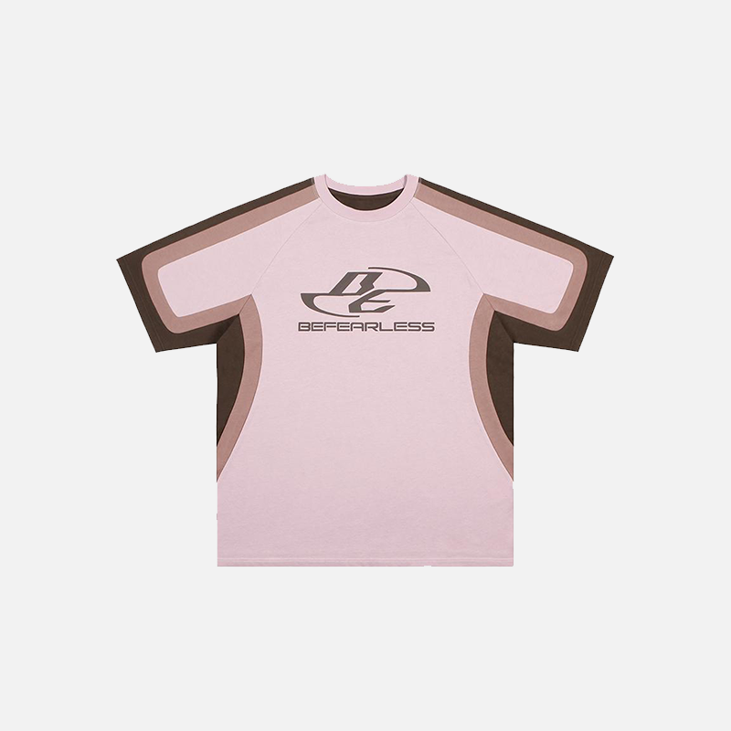 Front view of the pink Casual Color Contrast T-shirt in a gray background