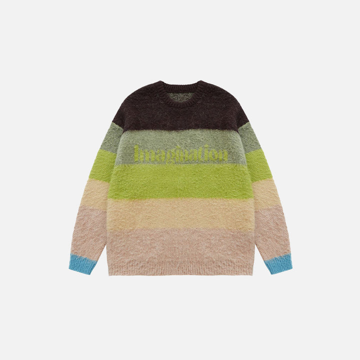 Front view of the green  Fuzzy Loose Striped Contrast Color Sweater in a gray background 