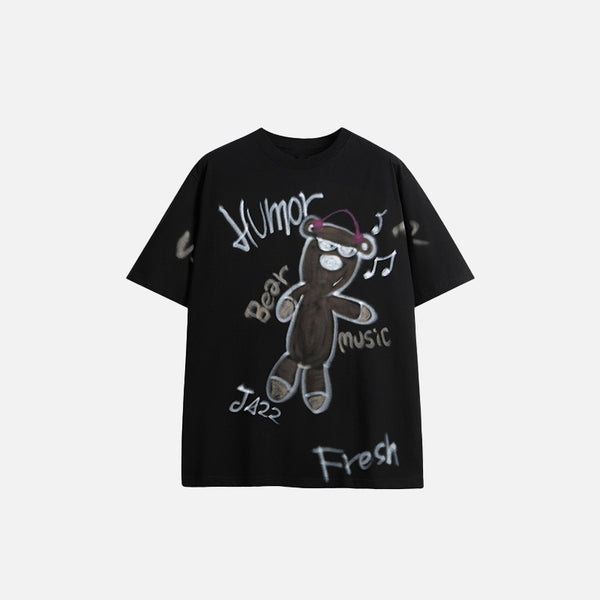 Front view of the black Oversized Music Bear Printed T-shirt in a gray background 