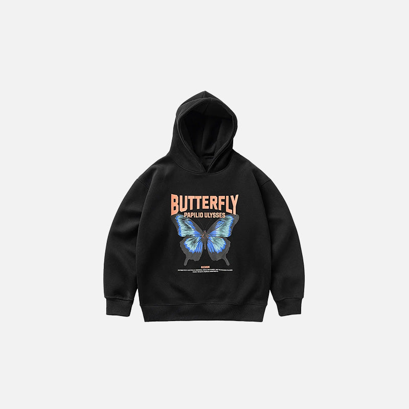 Front view of the black Varsity Butterfly Print Hoodie in a gray background