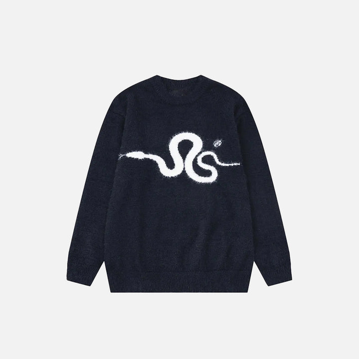 Front view of the black Y2K Knitted Fluffy Snake Sweater in a gray background