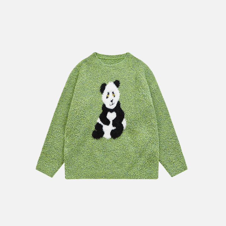 Front view of the green Loose Panda Knitted Sweater in a gray background 