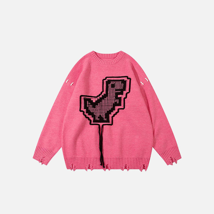 Front view of the pink No internet T-Rex Ripped Loose Sweater in a gray background