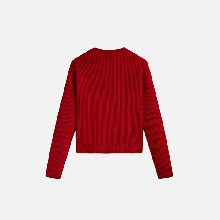 Back view of the Women's Red Knitted Sweater in a gray background 