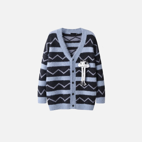 Women Retro V-Neck Collar Mohair Striped Cardigan