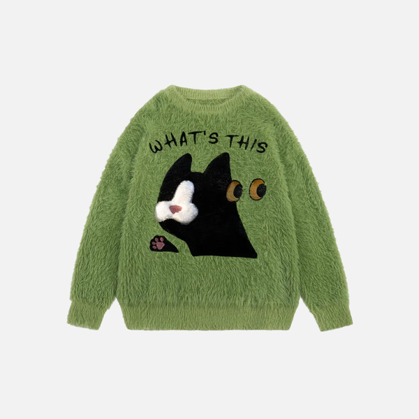 Fuzzy Oversized Cat Print Knit Jumper Sweater