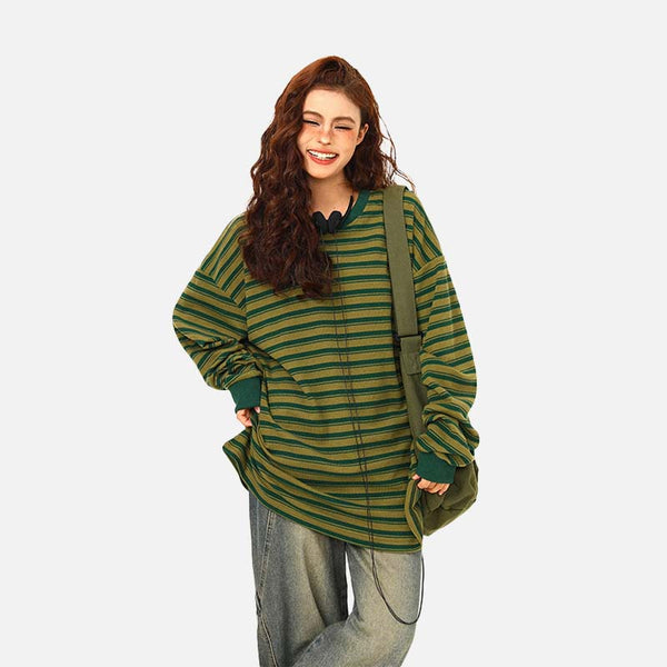 Green Stripe Loose Casual Sweatshirt