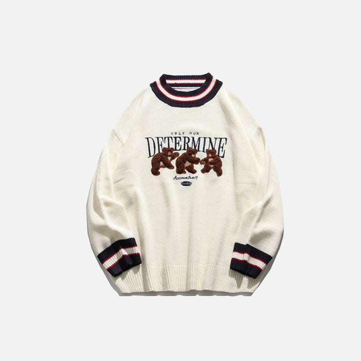 White color of the Determine Bear Sweater in a gray background