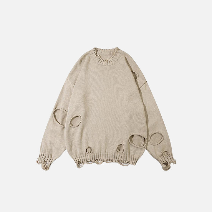 Front view of the beige Loose Ripped Hole Solid Color Sweater in a gray background 