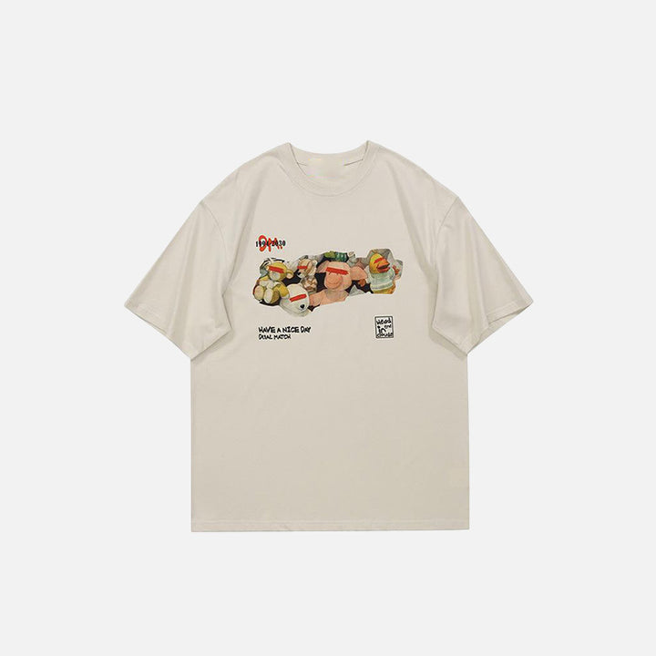 Front view of the apricot Toy Store Graphic Print T-shirt in a gray background 