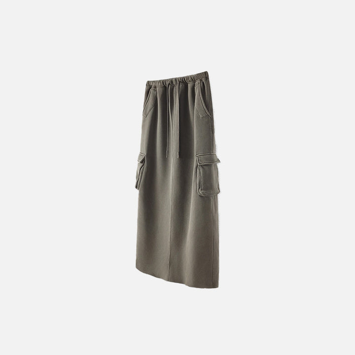 Front view of the coffee Women's Retro Loose Slit Pockets Skirt in a gray background 