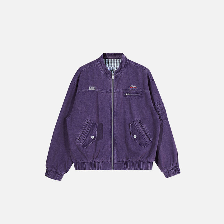 Front view of the purple Y2k Washed Cowboy Zip-up Jacket in a gray background 