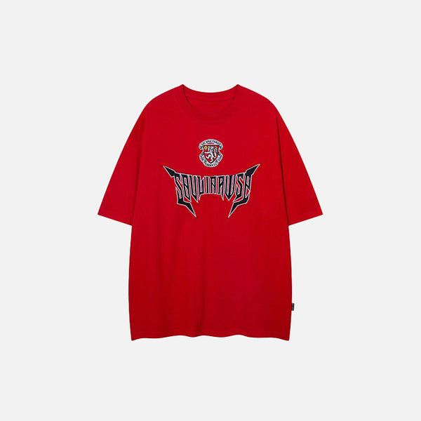 Front view of the red Embroidery Letter Print T-shirt in a gray background 