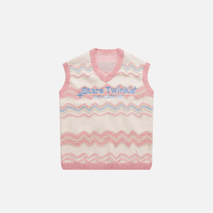 Front view of the pink Y2k Fuzzy Star Twinkle Knitted Vest in a gray background 