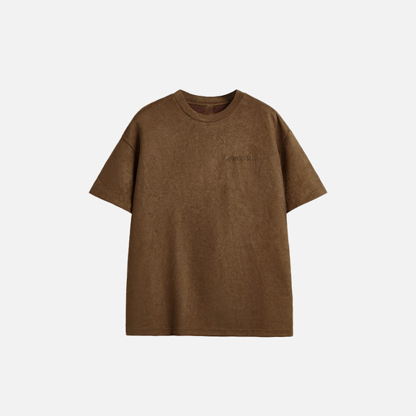 Front view of the brown Loose Embroidery Oversized T-shirt in a gray background 