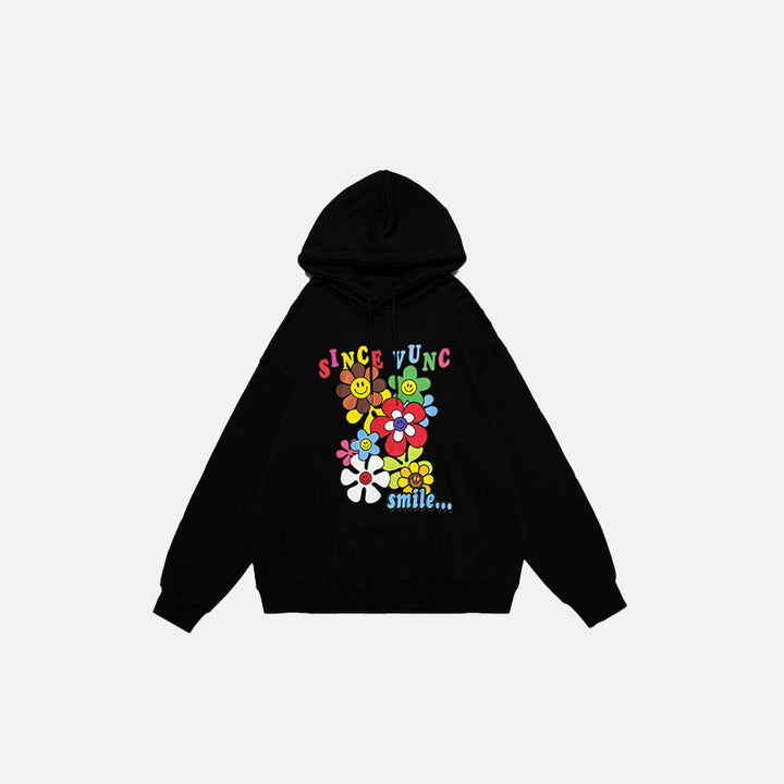 Front view of the black Flower Season Loose Hoodie in a gray background 