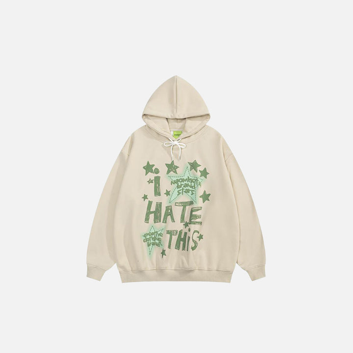 Front view of the apricot "I Hate This" Letter Print Hoodie in a gray background