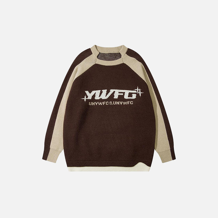 Front view of the auburn Y2k Vintage Color Contrast Sweater in a gray background