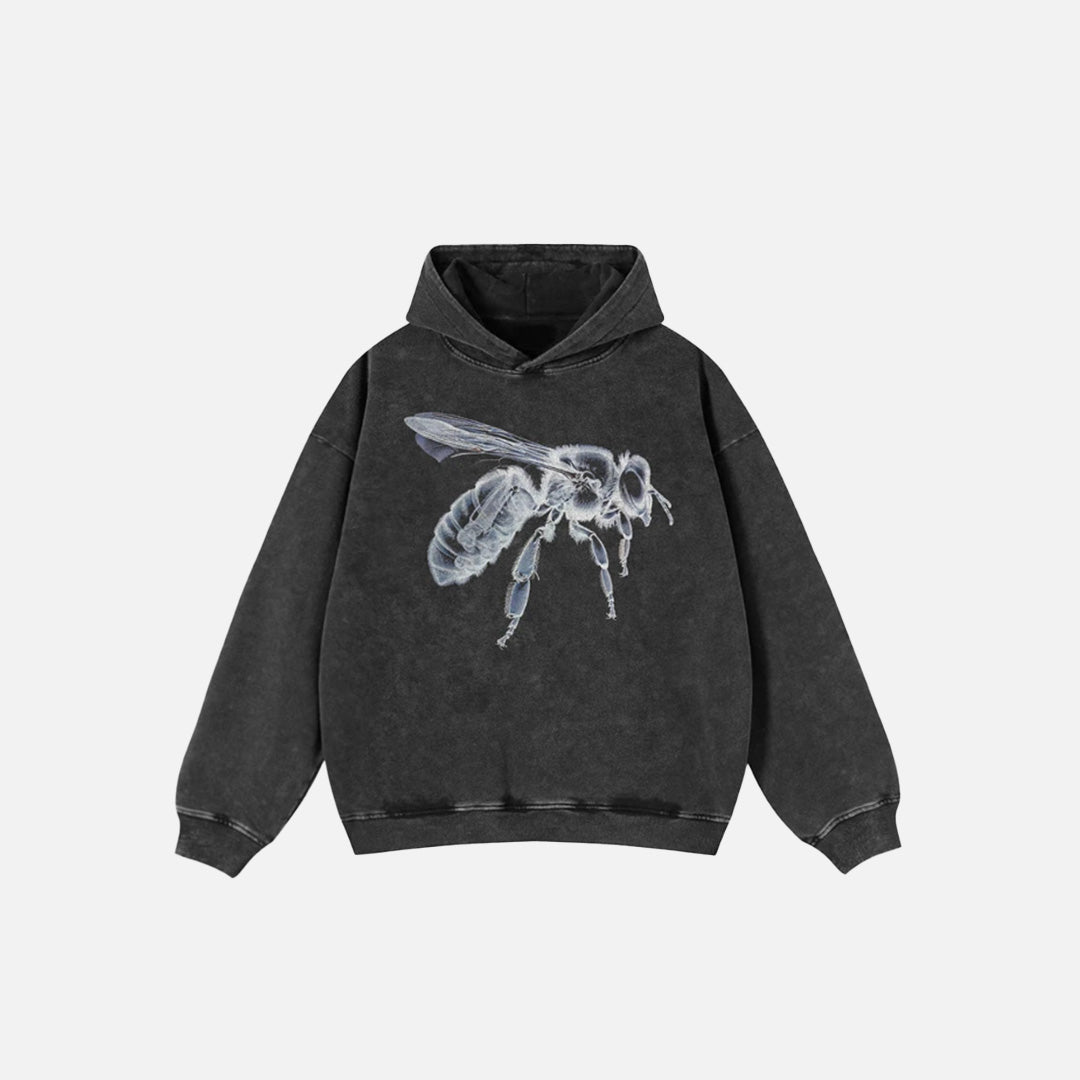Front view of the black Y2K Insect Embroidered Hoodie in a gray background