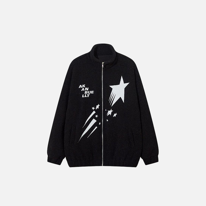 Front view of the black Meteor Star Print Fleece Jacket in a gray background 
