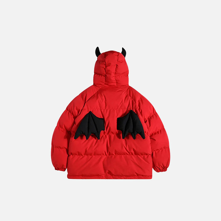 Back view of the red Loose Devil Horns Wings with Bag Jacket in a gray background