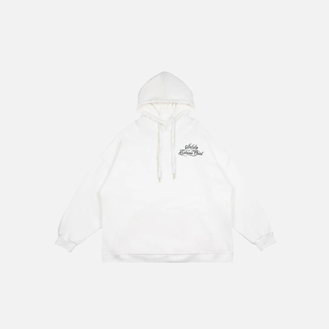Front view of the white Y2K Silent Gesture Hoodie in a gray background