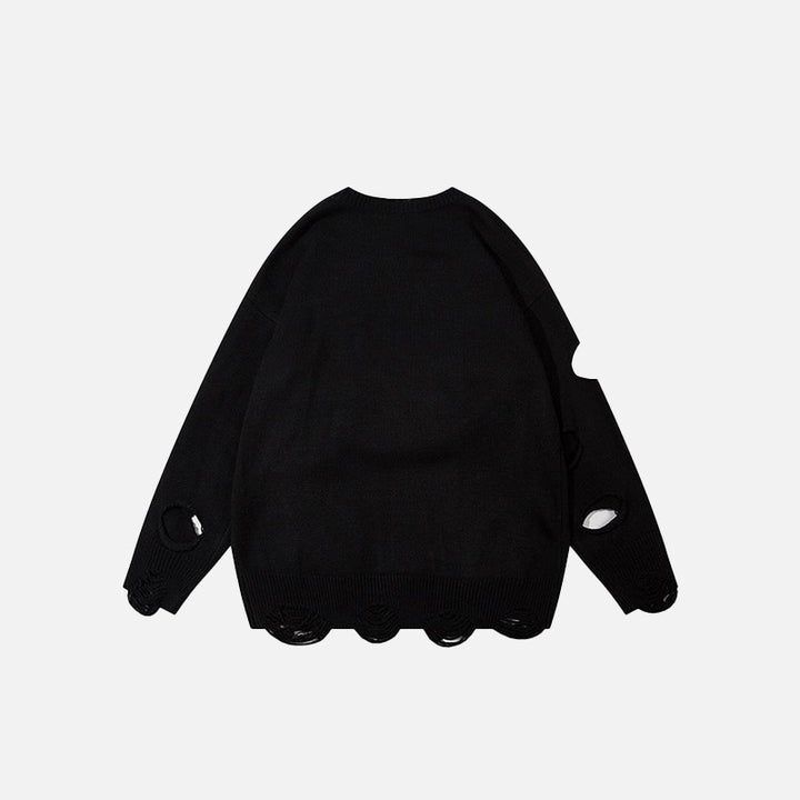 Back view of the black Solid Color Letter Ripped Hole Sweater in a gray background