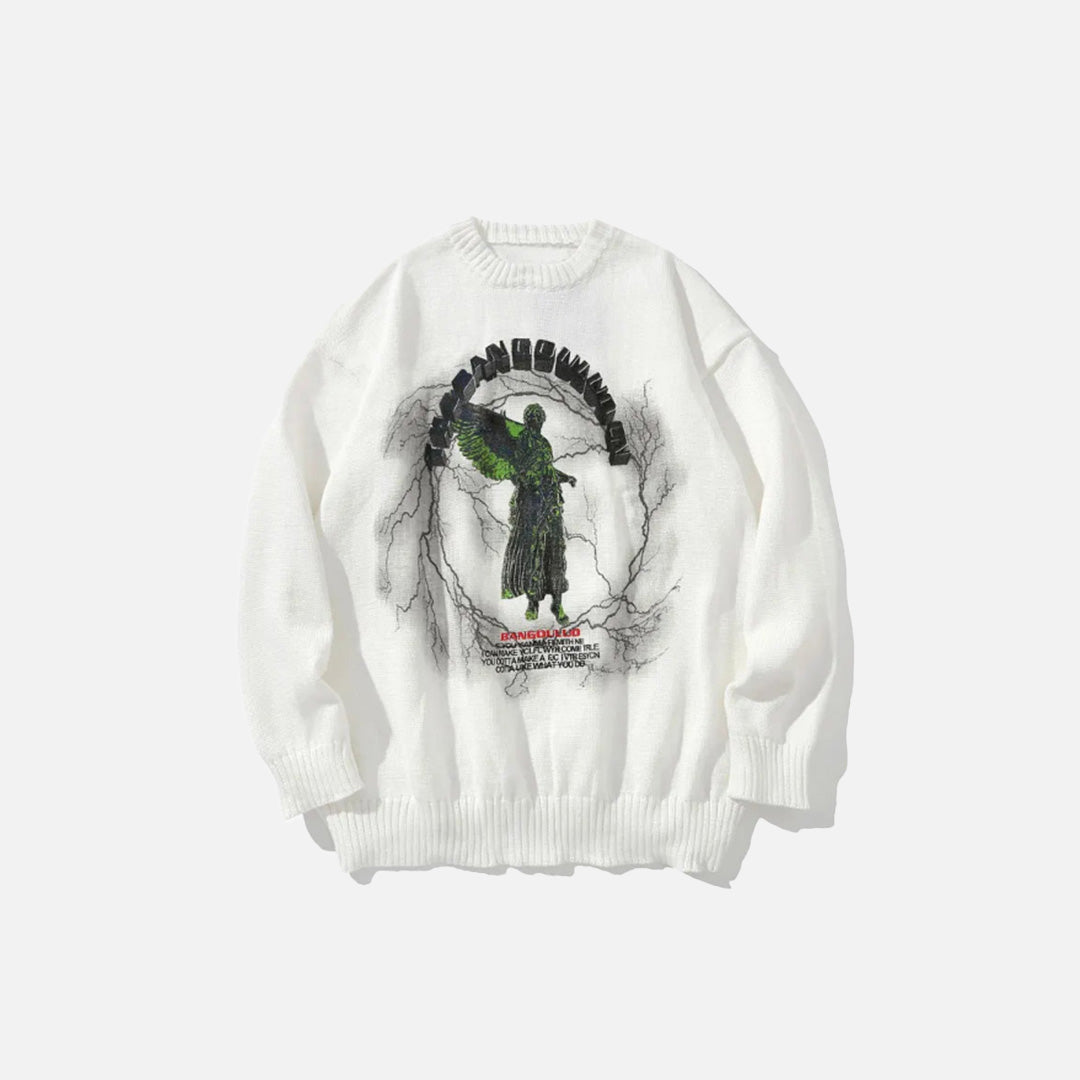 Front view of the white Angel Graphic Sweater of the gray bckground 