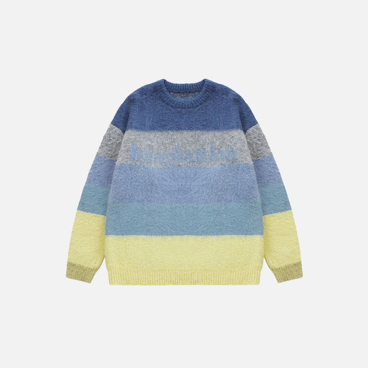 Front view of the blue  Fuzzy Loose Striped Contrast Color Sweater in a gray background 