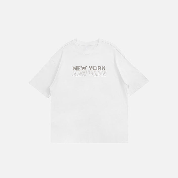 Front view of the white Diamond New York Letter Print T-shirt in a gray background
