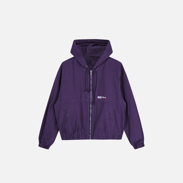 Front view of the purple Loose Vintage Zip-up Jacket in a gray background 