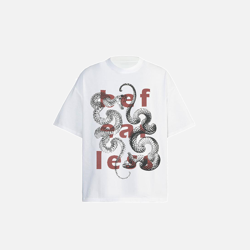 Front view of the white Serpent Swirl Graphic T-shirt in a gray background