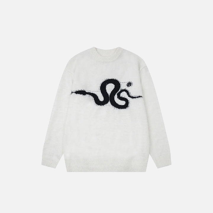 Front view of the white Y2K Knitted Fluffy Snake Sweater in a gray background