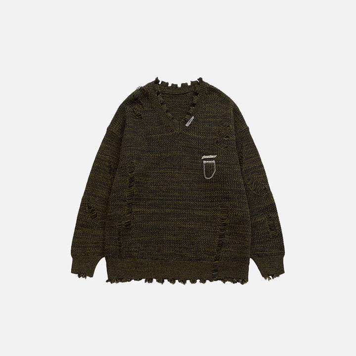 Front view of the army green Loose Ripped Knitted Sweater in a gray background 