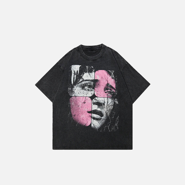 Front view of the black Washed Puzzle Face Printed T-shirt in a gray background 
