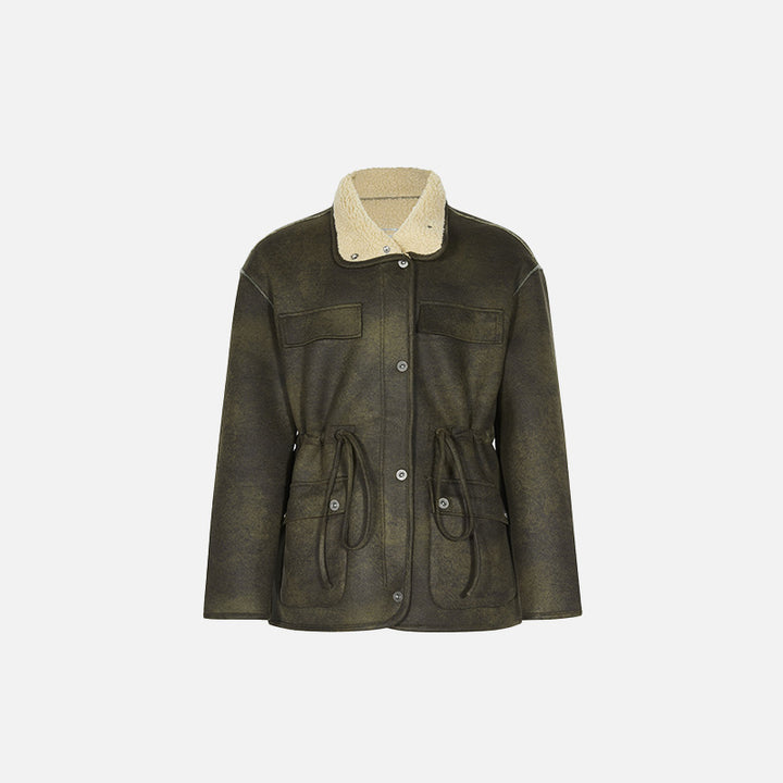 Front view of the army green Loose Retro Lambs Wool Coat in a gray background 
