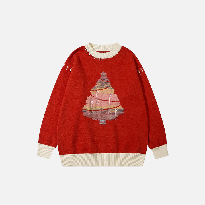 Front view of the red Christmas Tree Knitted Sweater in a gray background