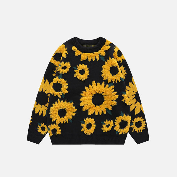 Gestrickter Pullover mit Sonnenblumen-Stickerei