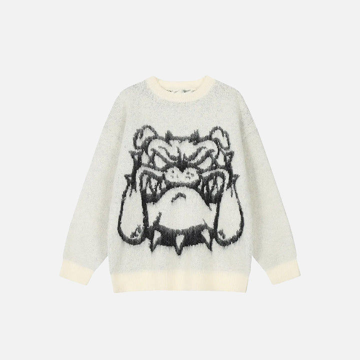 Front view of the beige Bulldog Loose Knitted Sweater in a gray background
