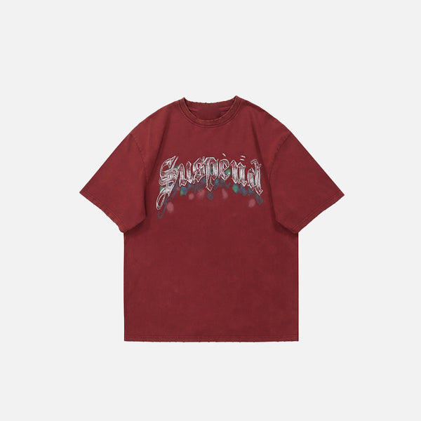 Front view of the red Loose Washed Letter Printed T-Shirt in a gray background 