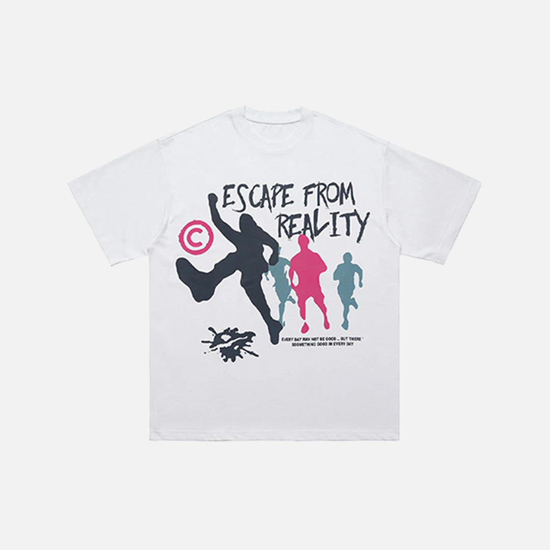 Front view of the white Reality Runner T-shirt in a gray background