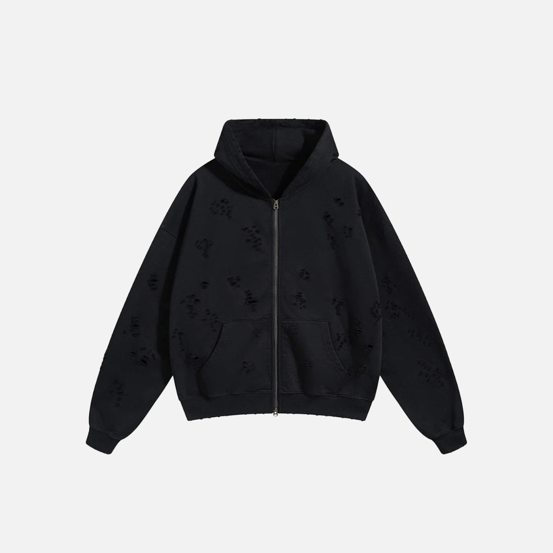 Front View of the black Y2K Torn Tracks Hoodie in a gray background