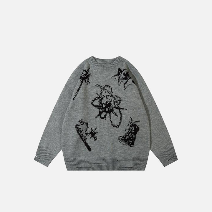 Front view of gray Ripped Star Baggy Sweater in a gray background