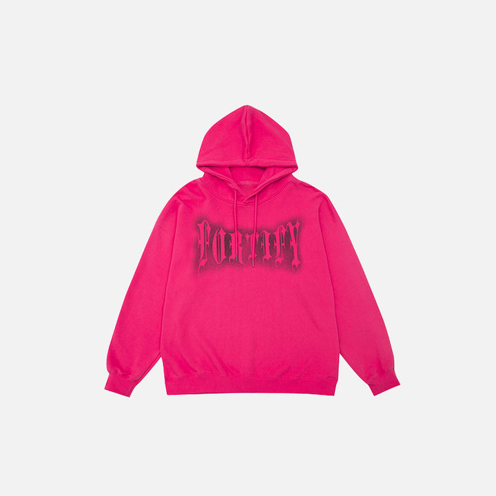 Front view of the rose red Oversized Graphic Loose Hoodie in a gray background 