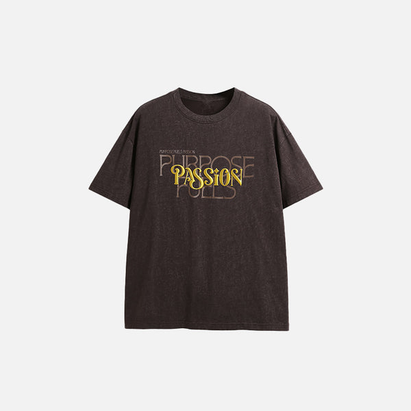Front view of the brown Heavy Metal Loose T-shirt in a gray background 