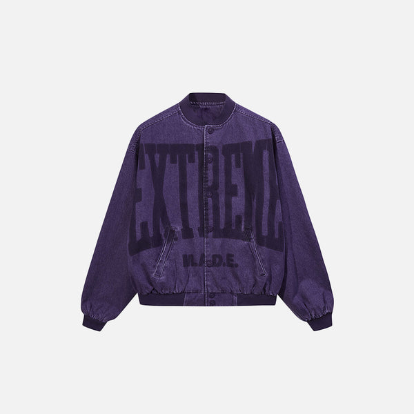 Front view of the purple Y2k Washed Denim Jacket in a gray background 